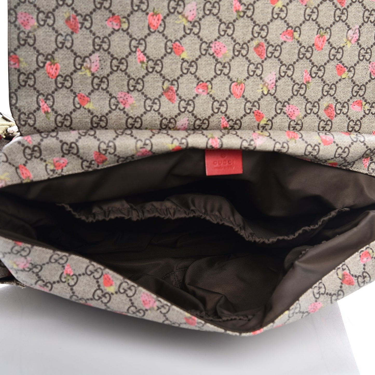 GG Supreme Monogram Strawberry Messenger Diaper Bag Beige