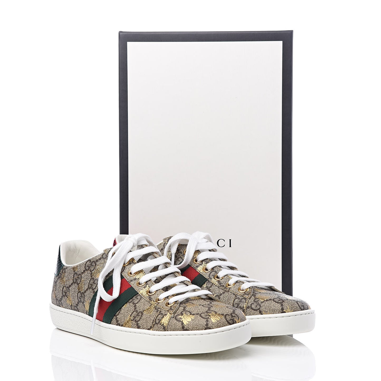 GG Supreme Monogram Bees Ayers Web Womens Ace Sneakers 37.5 Beige Oro Green Red