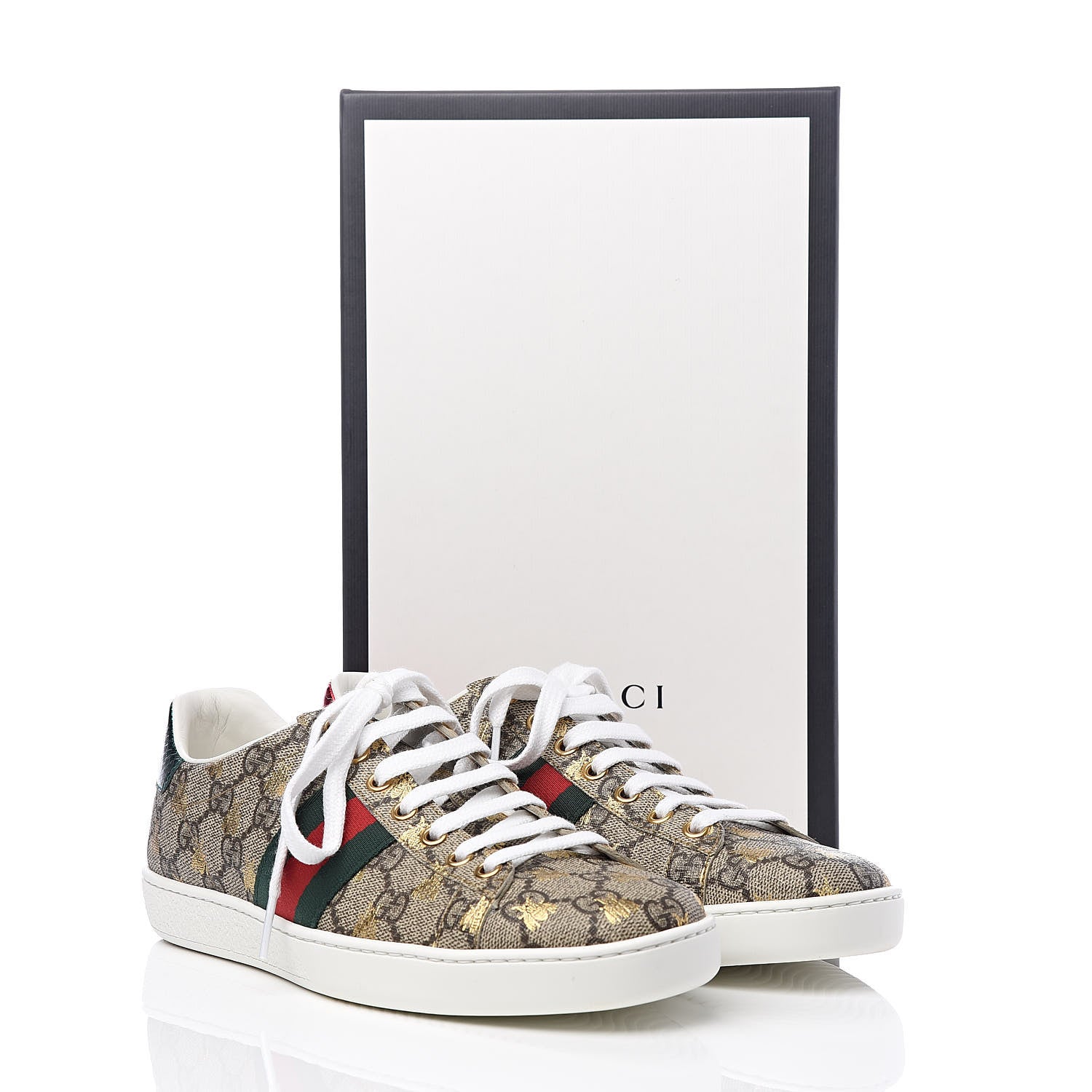Gucci GG Supreme Monogram Bees Ayers Web Womens Ace Sneakers 37.5 Beige Oro Green Red 10 of 10
