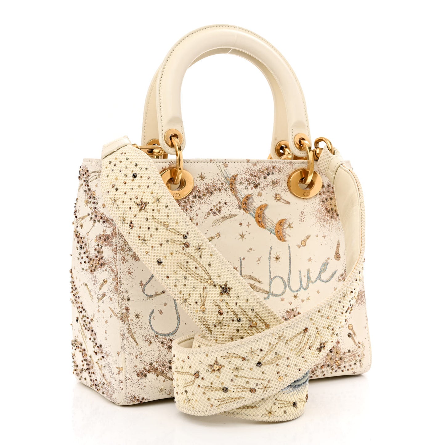 Smooth Calfskin Embroidered I Feel Blue Medium Lady Dior White Multicolor