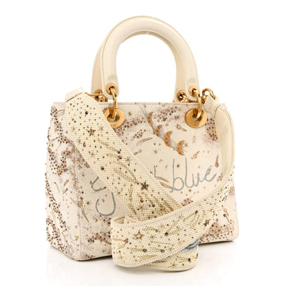 Christian Dior Smooth Calfskin Embroidered I Feel Blue Medium Lady Dior White Multicolor 3 of 14