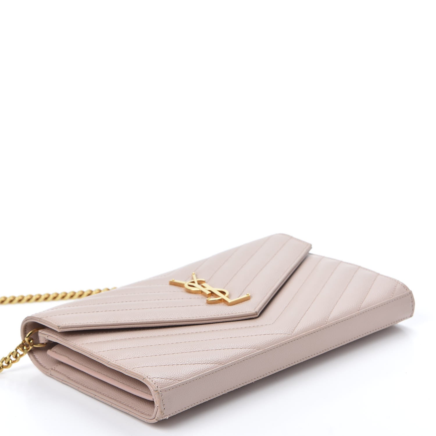 Saint Laurent Grain De Poudre Matelasse Chevron Monogram Chain Wallet Pale Blush 3 of 10