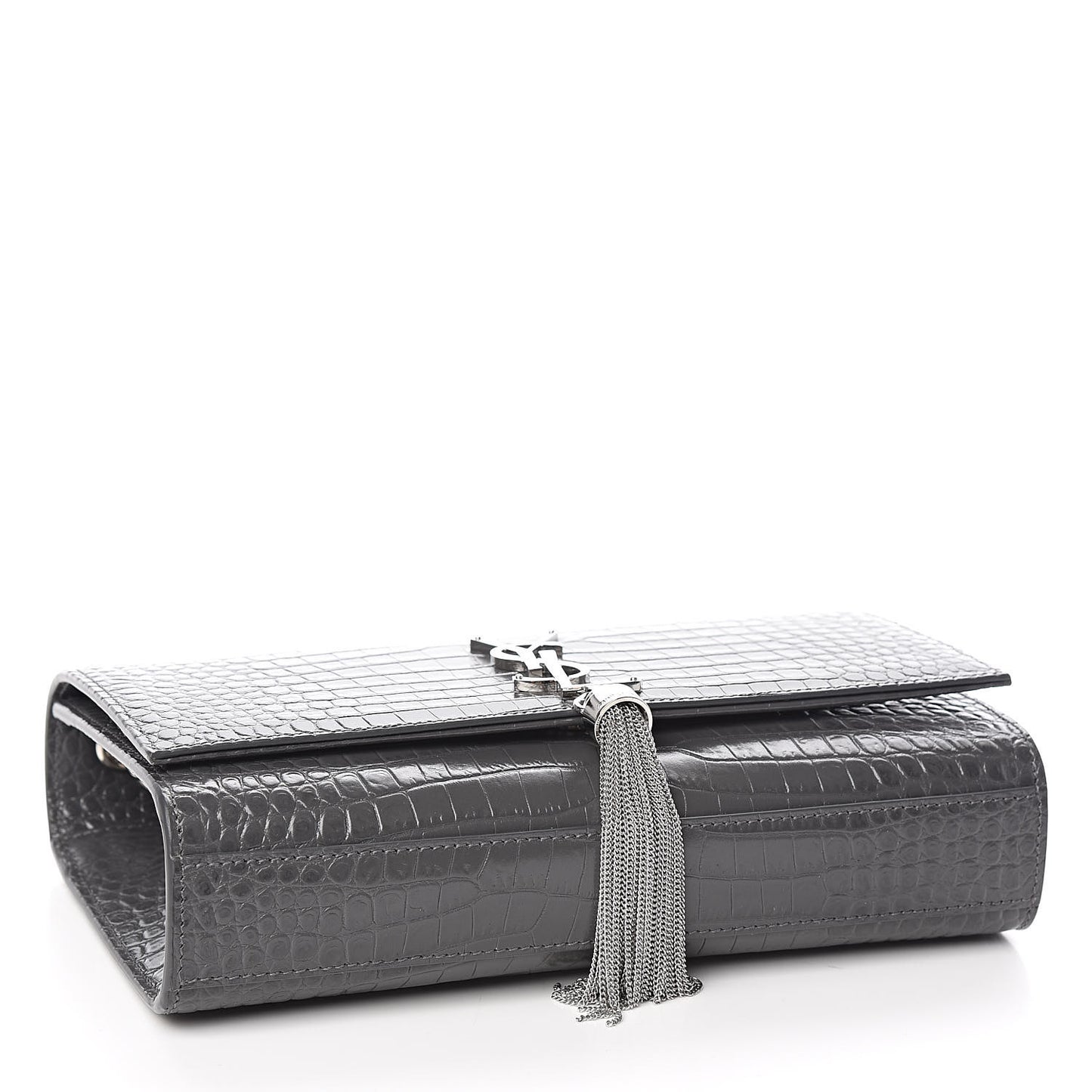 Calfskin Crocodile Embossed Medium Classic Monogram Kate Tassel Satchel Fog