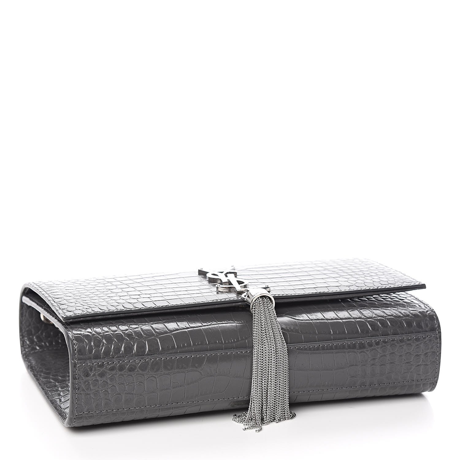 Saint Laurent Calfskin Crocodile Embossed Medium Classic Monogram Kate Tassel Satchel Fog 4 of 9