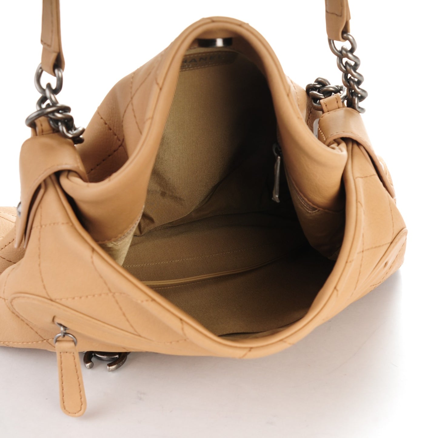 Calfskin Stitched Double Zip Hobo Beige