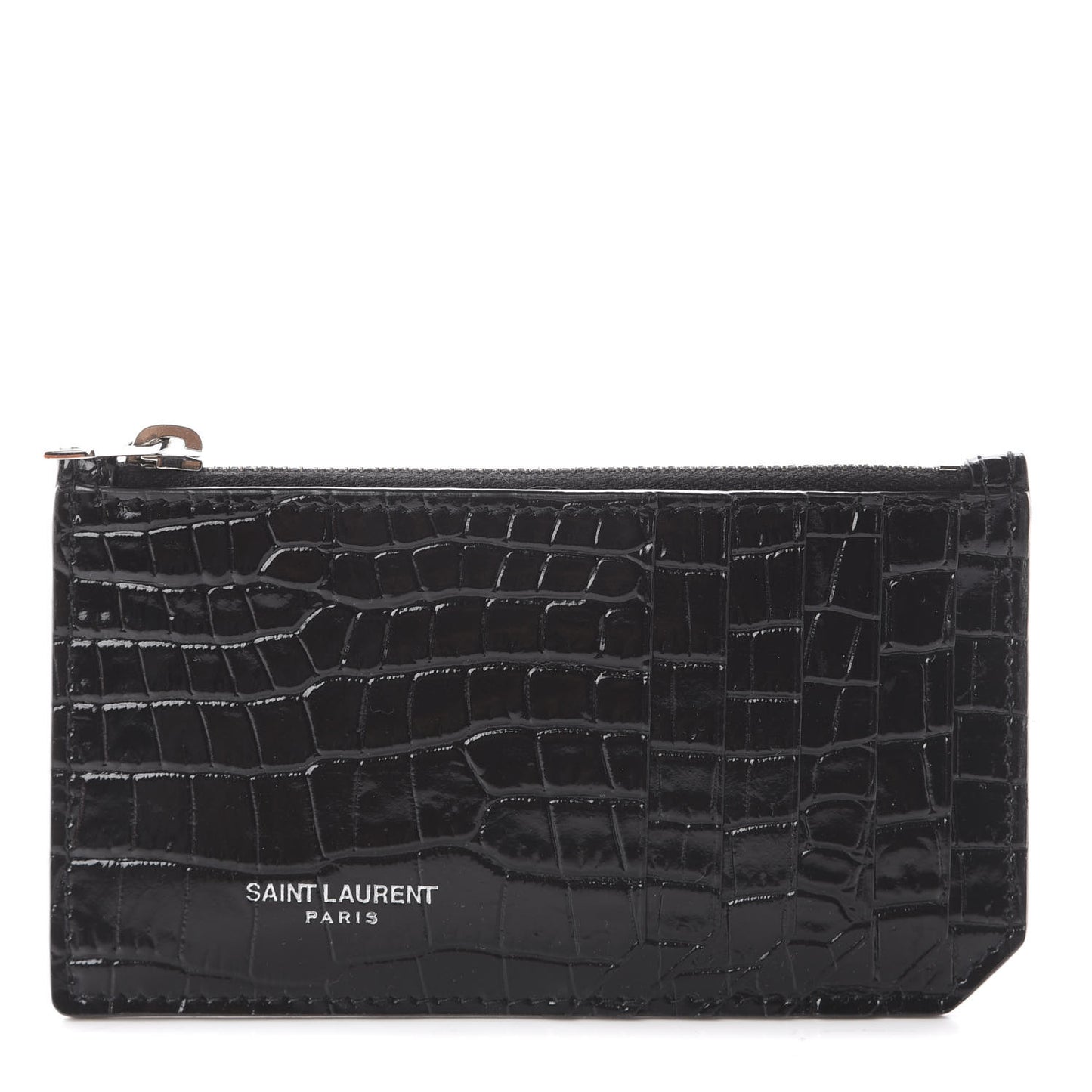 Calfskin Crocodile Embossed 5 Fragments Zip Pouch Card Holder Black
