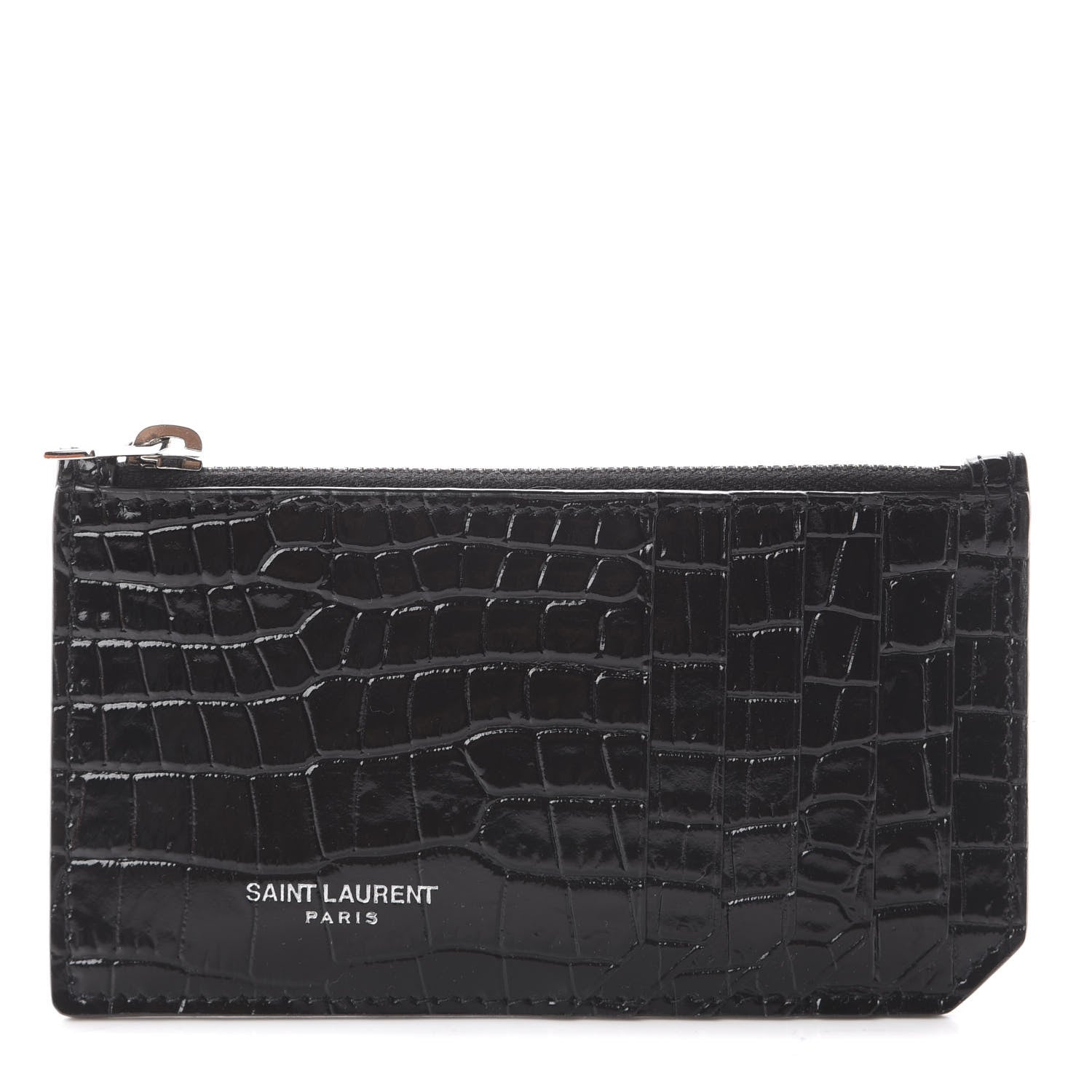 Saint Laurent Calfskin Crocodile Embossed 5 Fragments Zip Pouch Card Holder Black 1 of 5