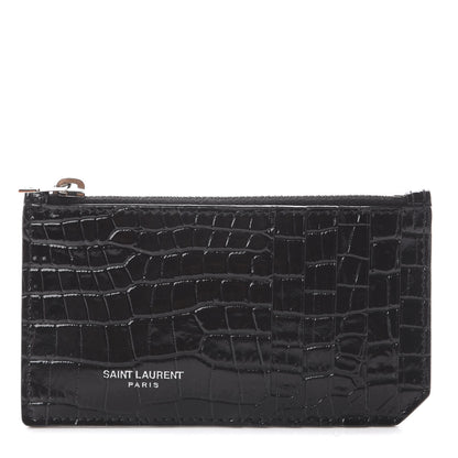 Saint Laurent Calfskin Crocodile Embossed 5 Fragments Zip Pouch Card Holder Black 1 of 5