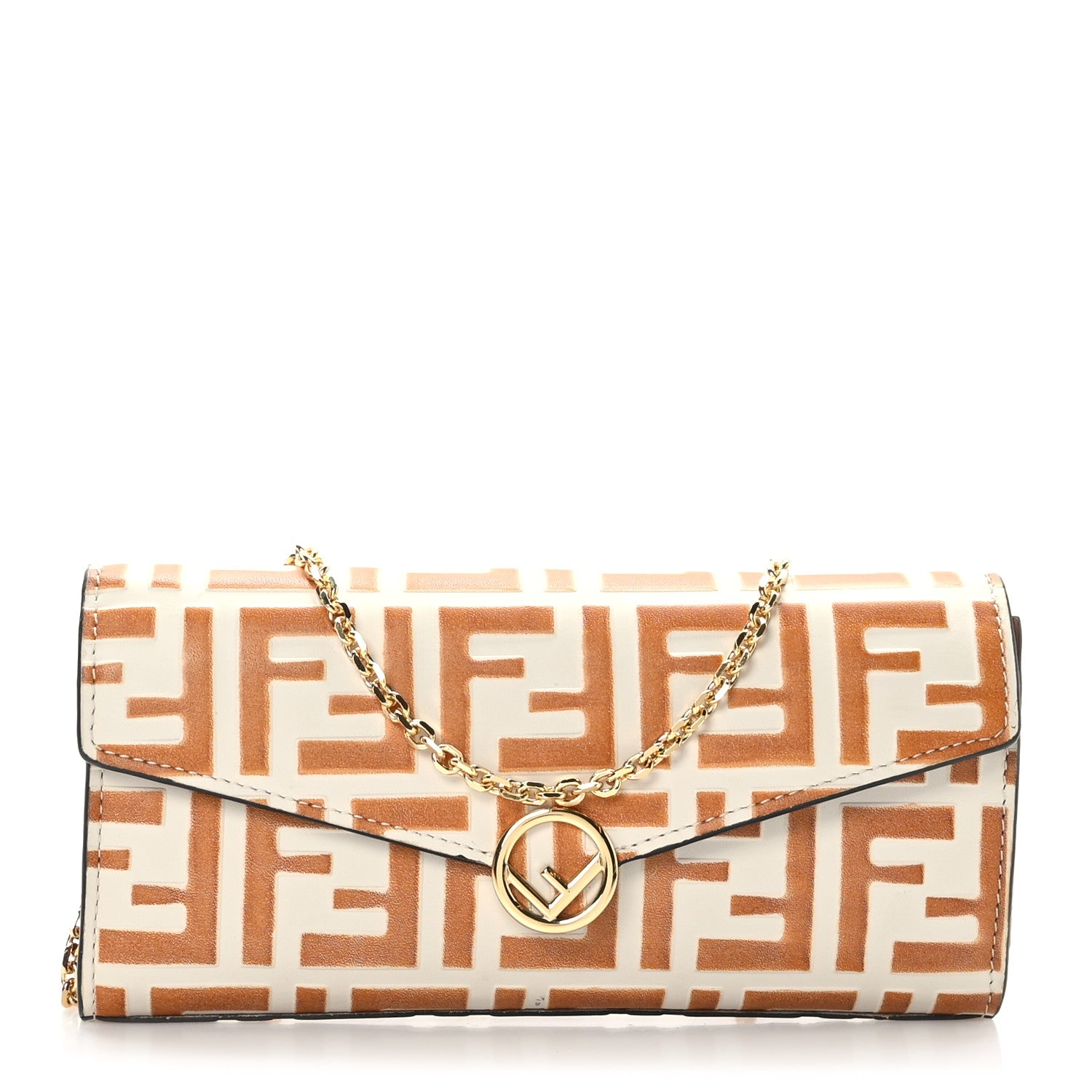 Fendi Vitello Soft F is Fendi Bi-Color FF 1974 Embossed Continental Envelope Wallet On Chain Camelia Saddler 1 of 11