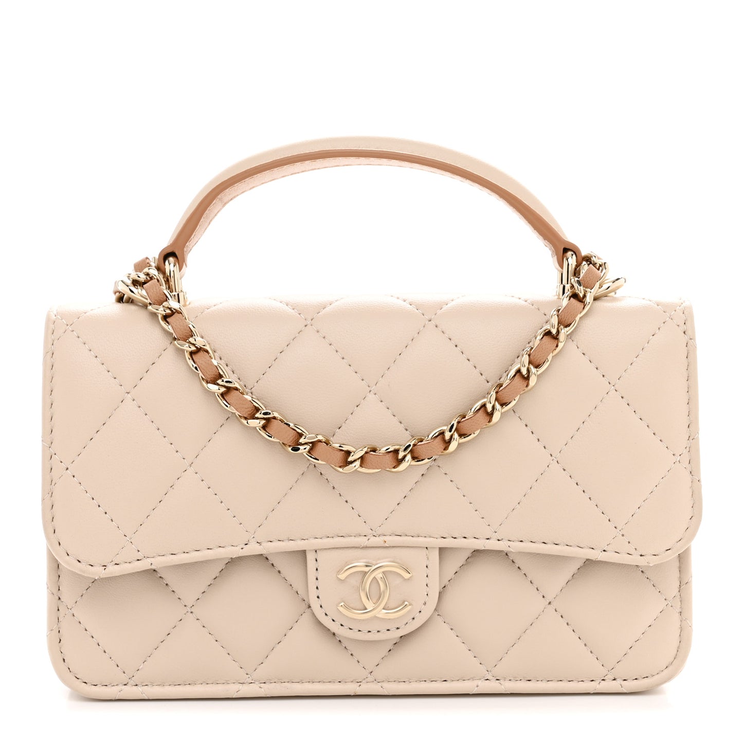 Lambskin Quilted Flap Phone Holder With Chain Ecru Dark Beige