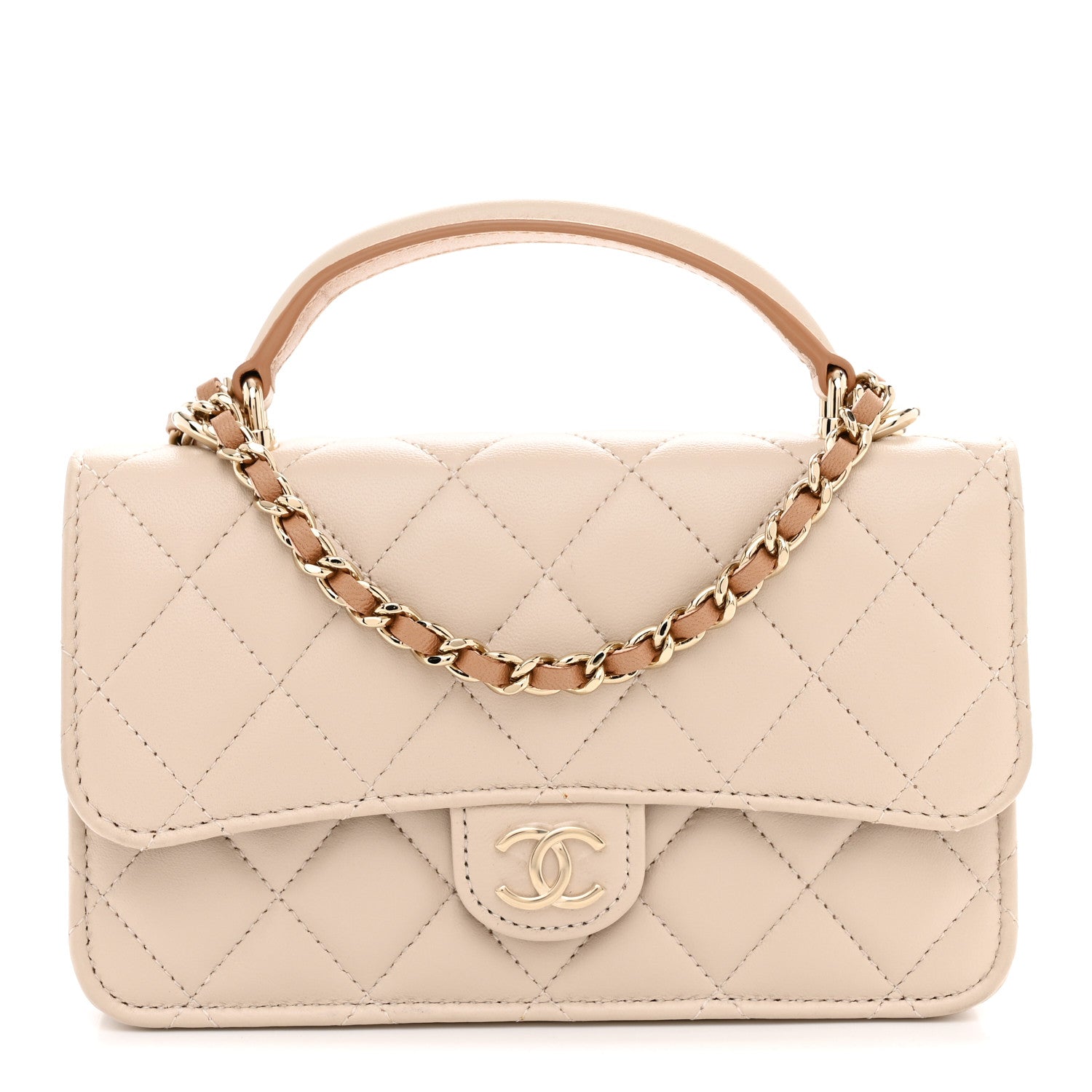 Chanel Lambskin Quilted Flap Phone Holder With Chain Ecru Dark Beige 1 of 11