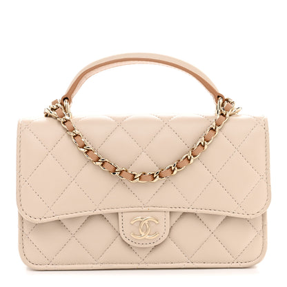 Chanel Lambskin Quilted Flap Phone Holder With Chain Ecru Dark Beige 1 of 11