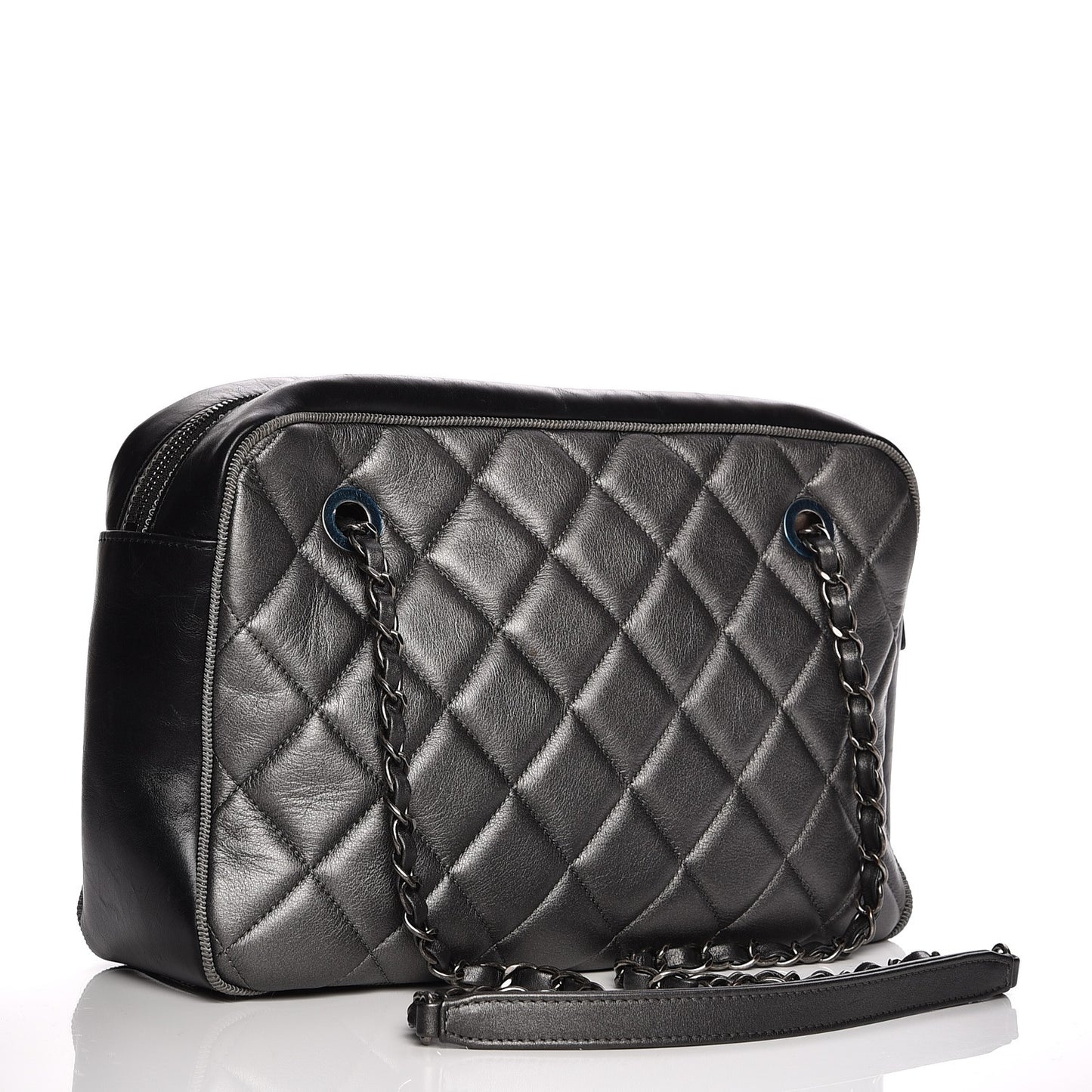 Metallic Calfskin Quilted Large Ballerine Camera Case Dark Grey Black