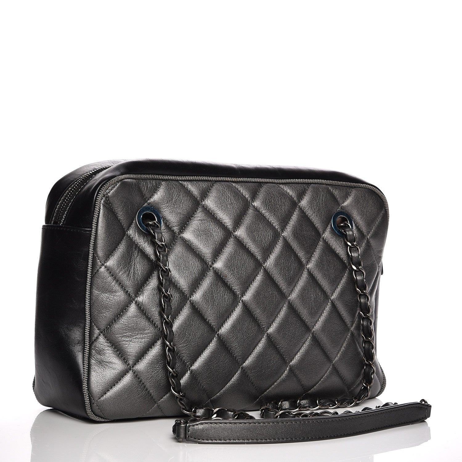 Chanel Metallic Calfskin Quilted Large Ballerine Camera Case Dark Grey Black 3 of 10