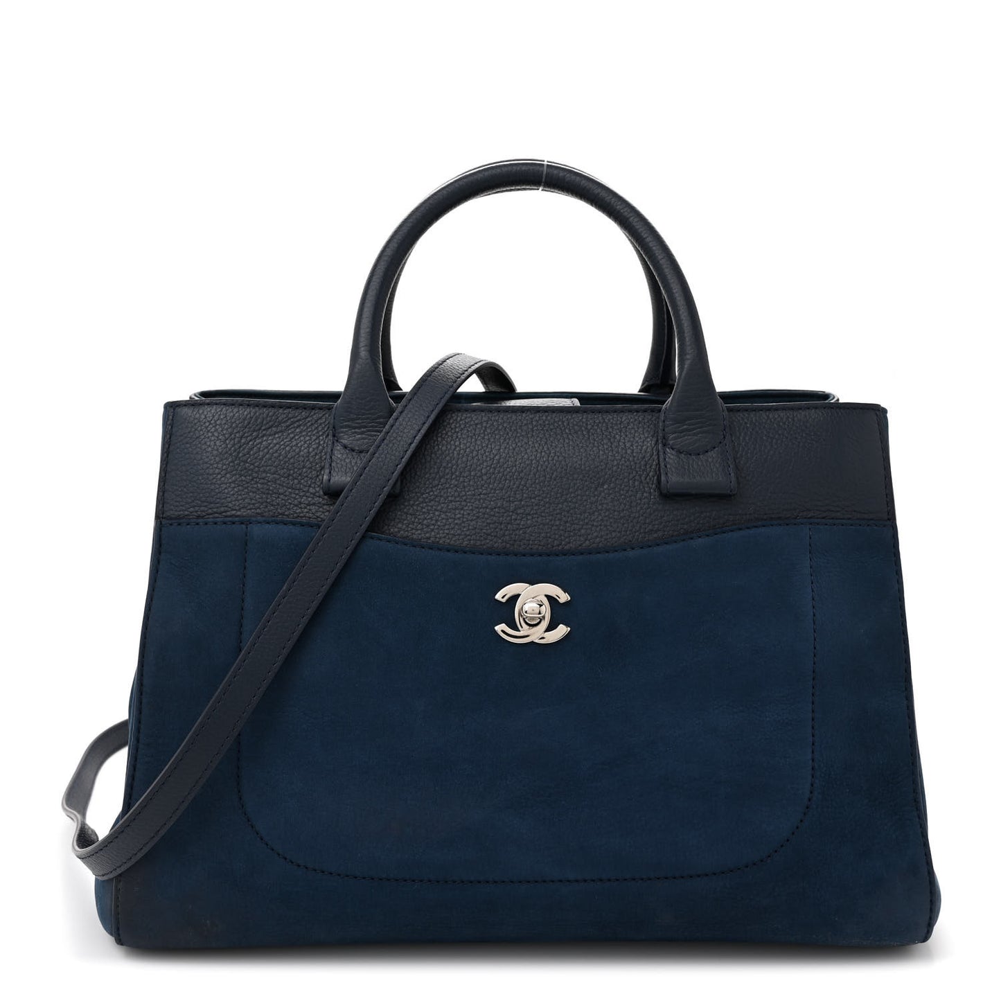 Grained Calfskin Suede Neo Executive Shopper Tote Navy Blue