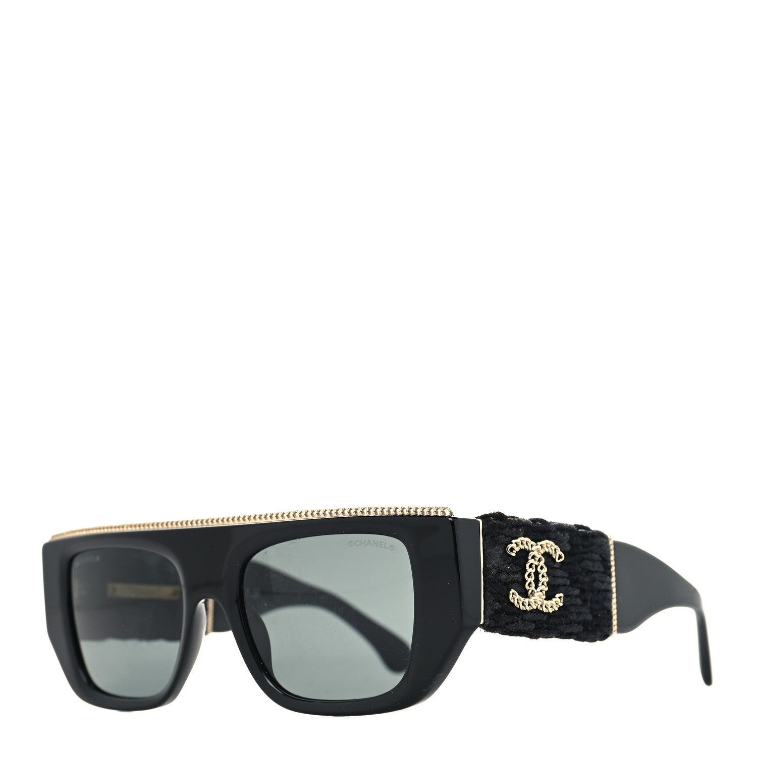 Chanel Acetate Tweed Wool CC Chain Rectangle Sunglasses 71549 Black 1 of 8