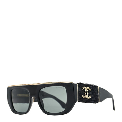 Chanel Acetate Tweed Wool CC Chain Rectangle Sunglasses 71549 Black 1 of 8