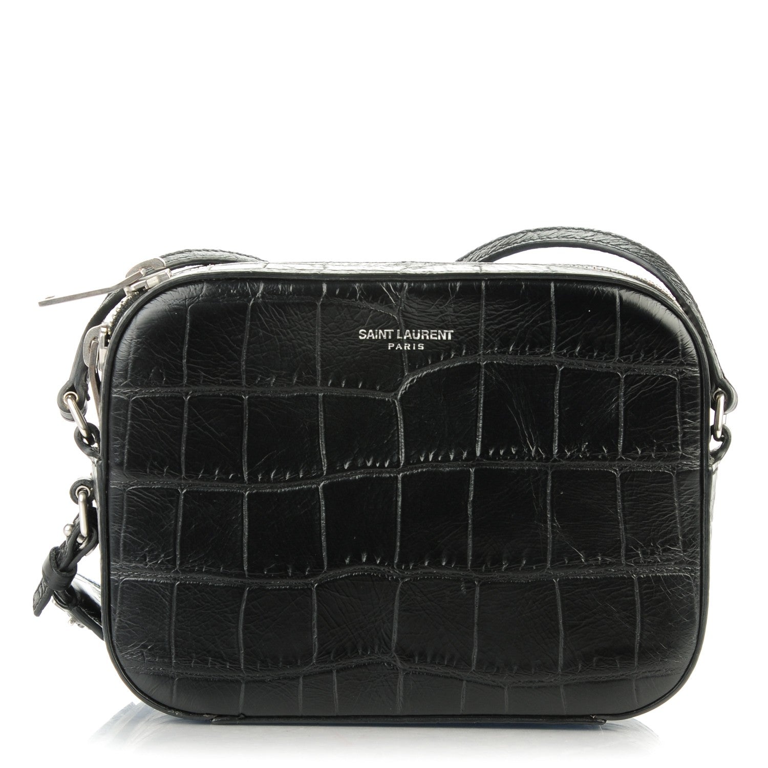 Saint Laurent Calfskin Crocodile Embossed Small Classic Monogram Camera Bag Black 1 of 8