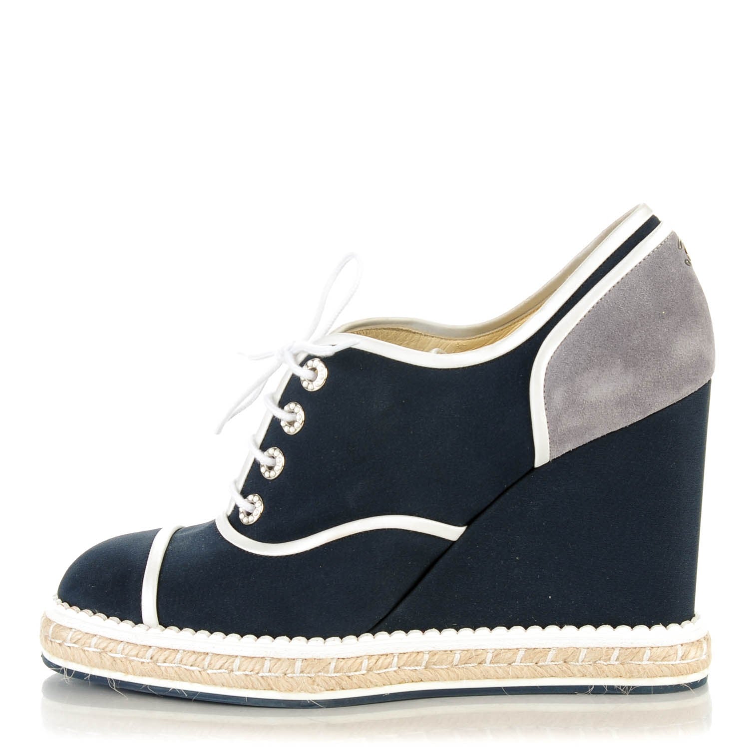 Chanel Silk Crepe Suede Calfskin Lace Up Wedge Espadrilles 41.5 Navy Grey 1 of 6