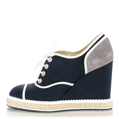 Chanel Silk Crepe Suede Calfskin Lace Up Wedge Espadrilles 41.5 Navy Grey 1 of 6