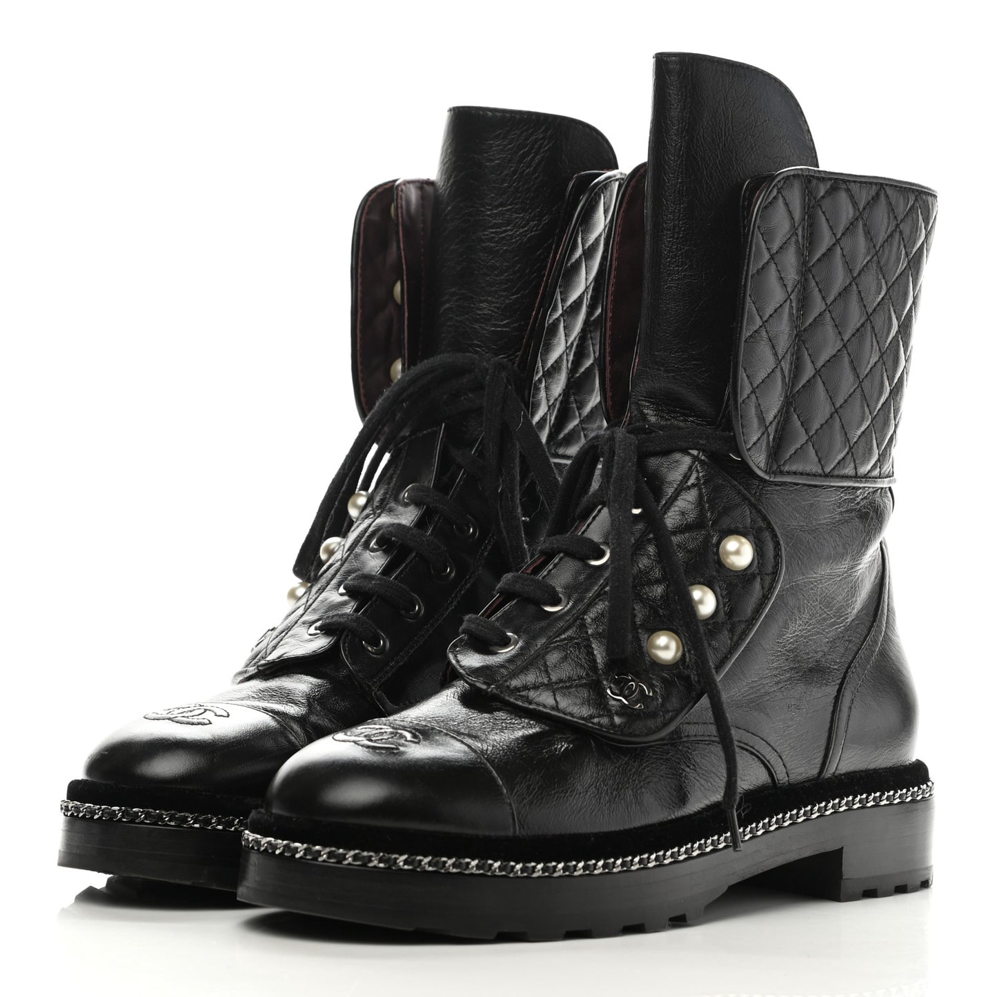 Crackled Calfskin Velvet Pearl Combat Boots 40 Black