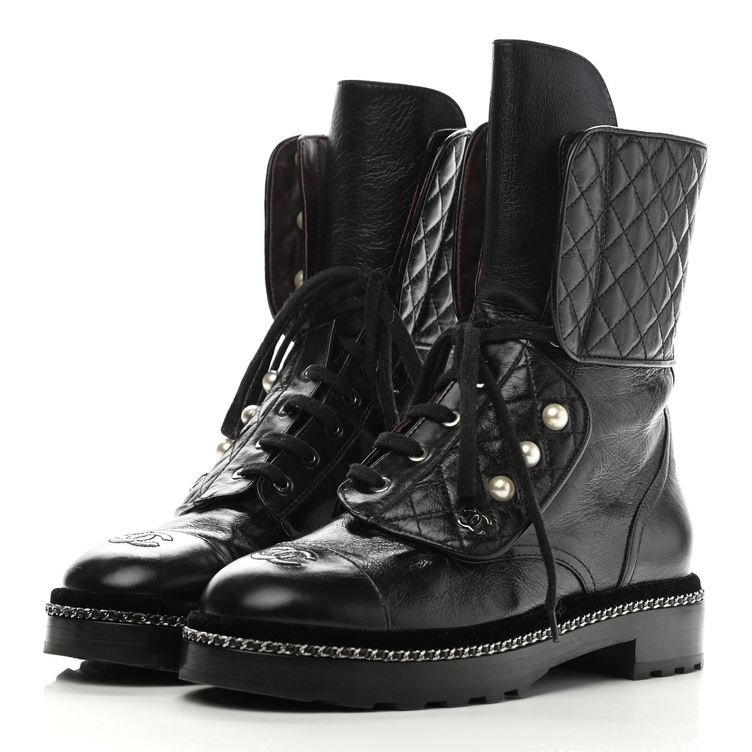 Chanel Crackled Calfskin Velvet Pearl Combat Boots 40 Black 3 of 7