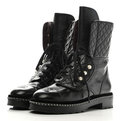 Chanel Crackled Calfskin Velvet Pearl Combat Boots 40 Black 3 of 7