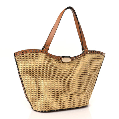 Valentino Garavani Synthetic Raffia Calfskin Rockstud Garden Tote Bag Natural Almond 3 of 9