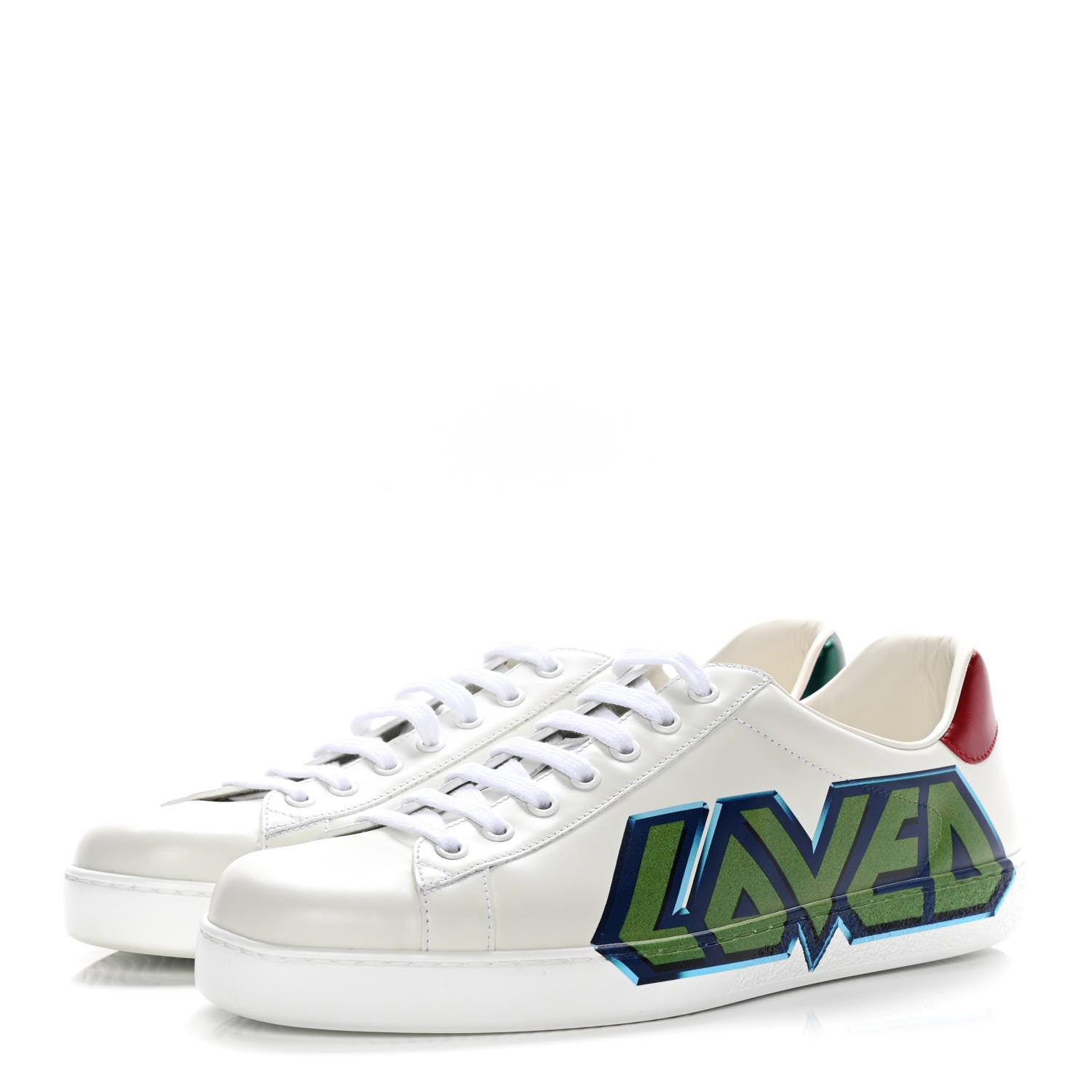 Gucci Calfskin Nappa LOVED Print Mens Ace Sneakers 9 White Red Flame Green 3 of 13