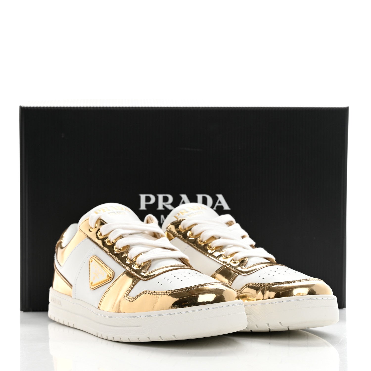 Prada Vitello Metallic Calfskin Metal Triangle Logo Womens Downtown Low Top 30mm Sneakers 41 White Platino 12 of 12