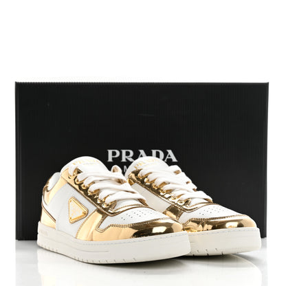 Prada Vitello Metallic Calfskin Metal Triangle Logo Womens Downtown Low Top 30mm Sneakers 41 White Platino 12 of 12