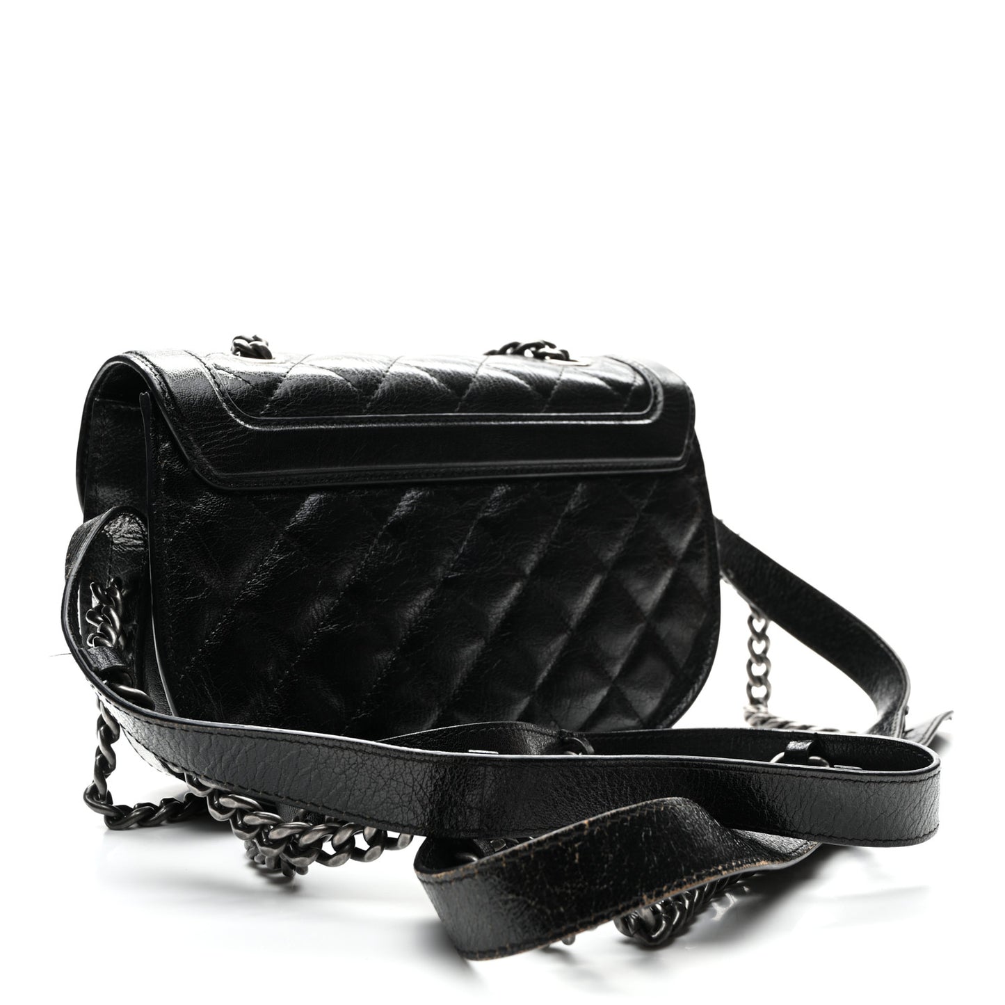 Shiny Goatskin Quilted Small Double Chained Messenger Flap Black