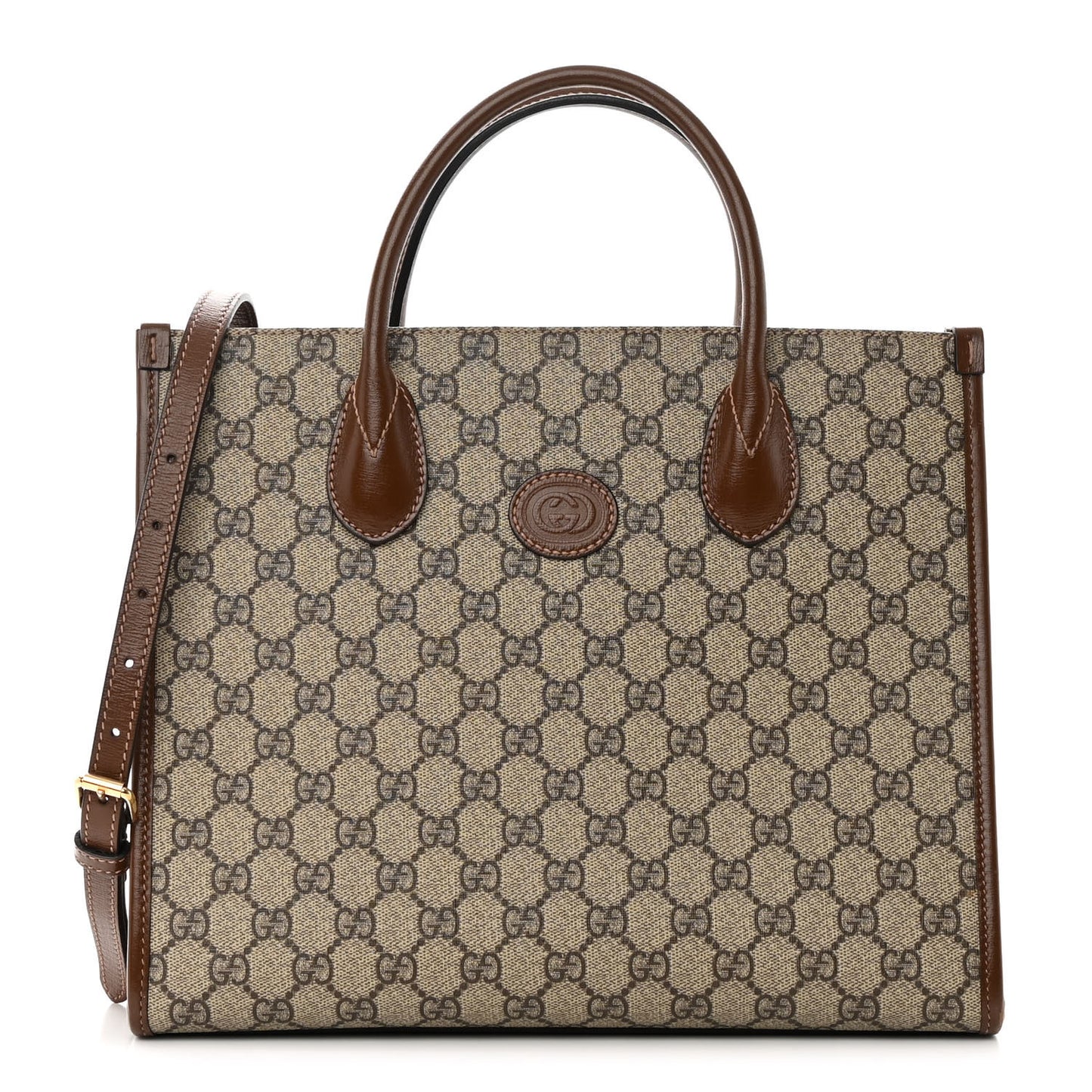 GG Supreme Monogram Azalea Calfskin Small Retro Interlocking G Tote Bag Beige Ebony Brown Sugar