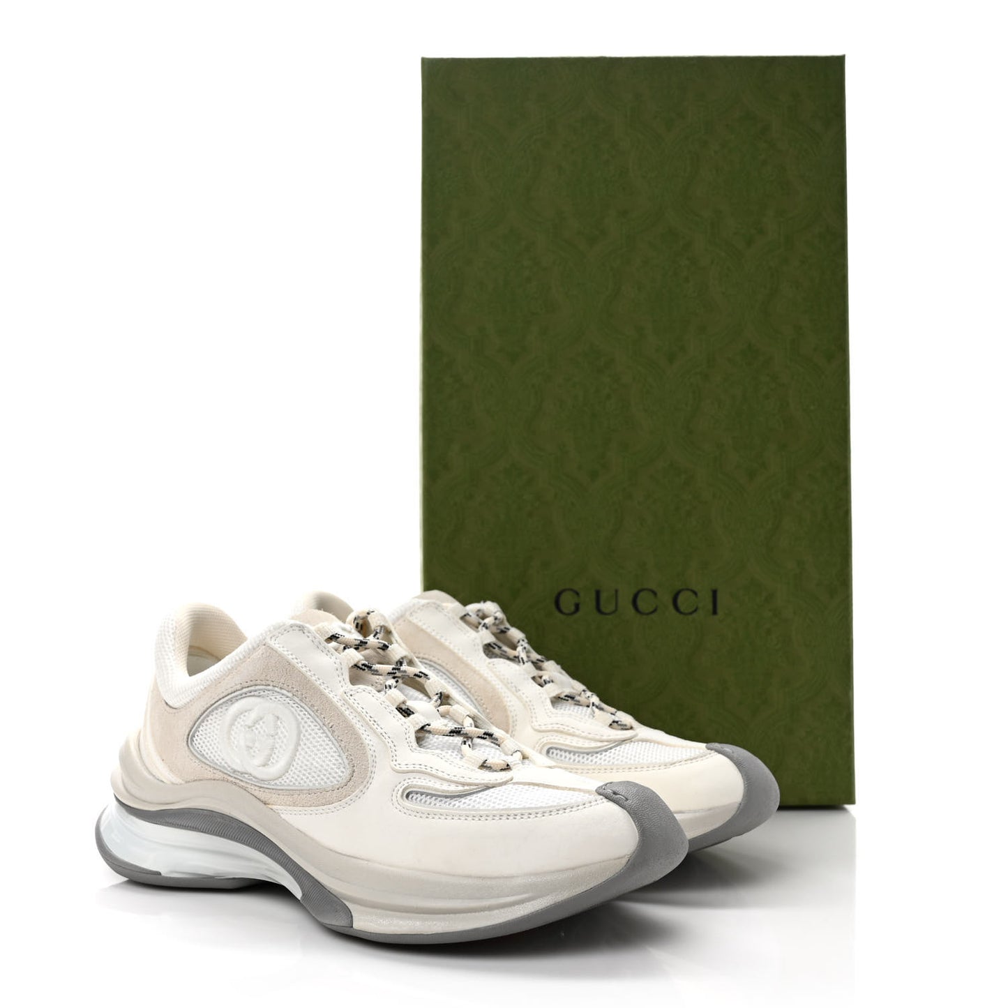 Technical Knit Fabric Suede Calfskin Womens Gucci Run Sneakers 36 Off White Grey
