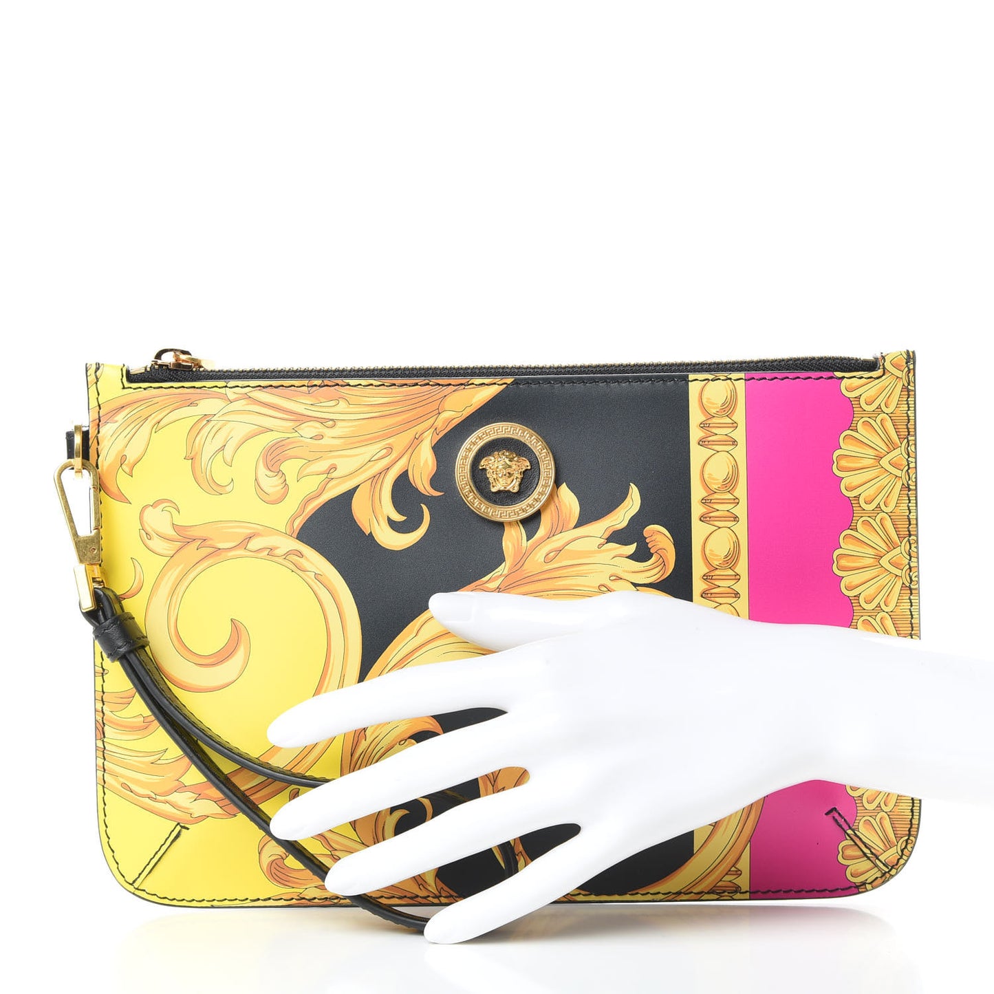 Vitello Baroque Print Icon Wristlet Pouch Black Gold Multi