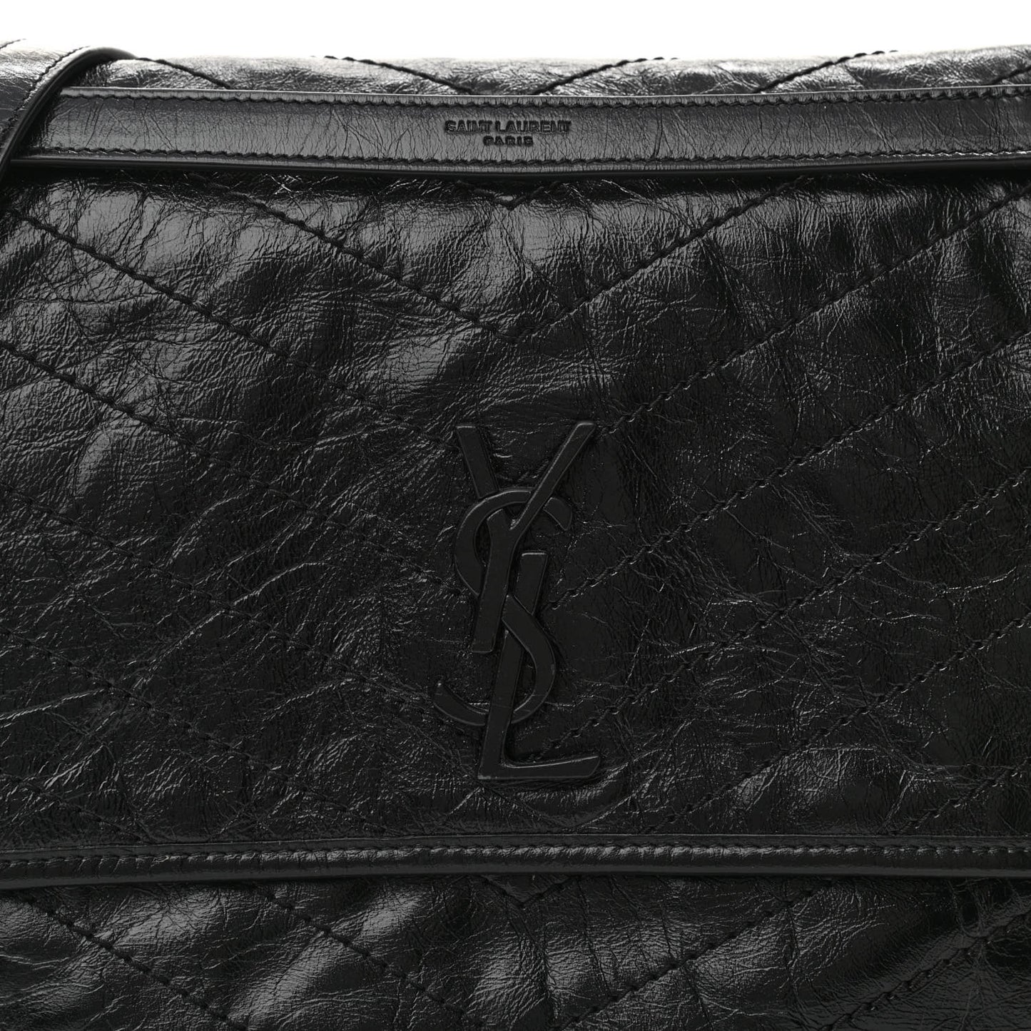 Crinkled Calfskin Matelasse Monogram Medium Niki Chain Satchel Black