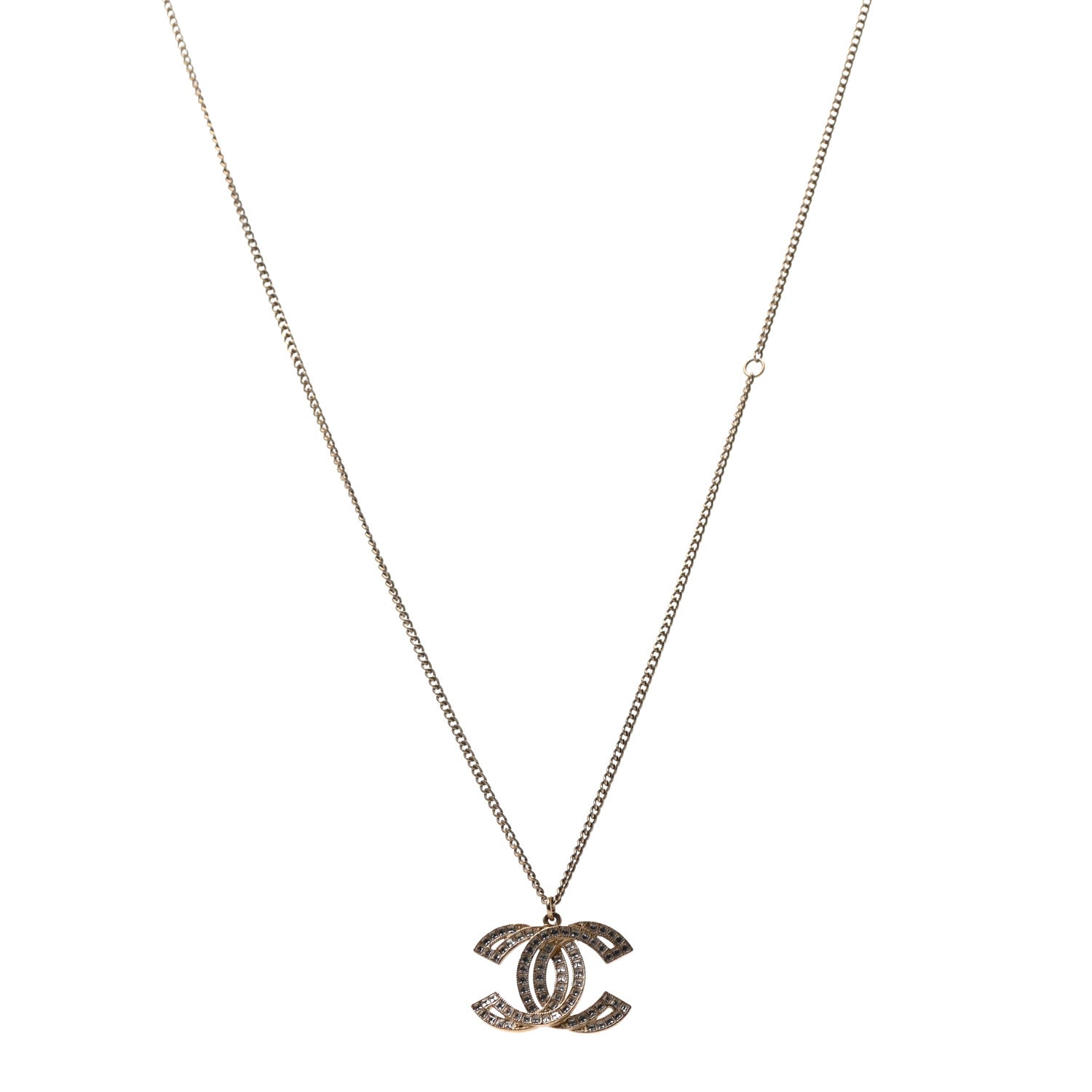 Chanel Metal Crystal Baguette CC Pendant Necklace Gold 1 of 5
