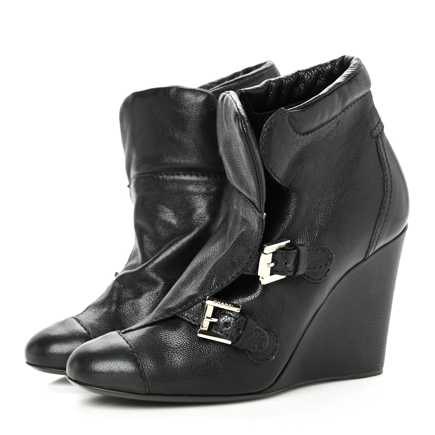 Calfskin Ankle Wedge Boots 38.5 Black