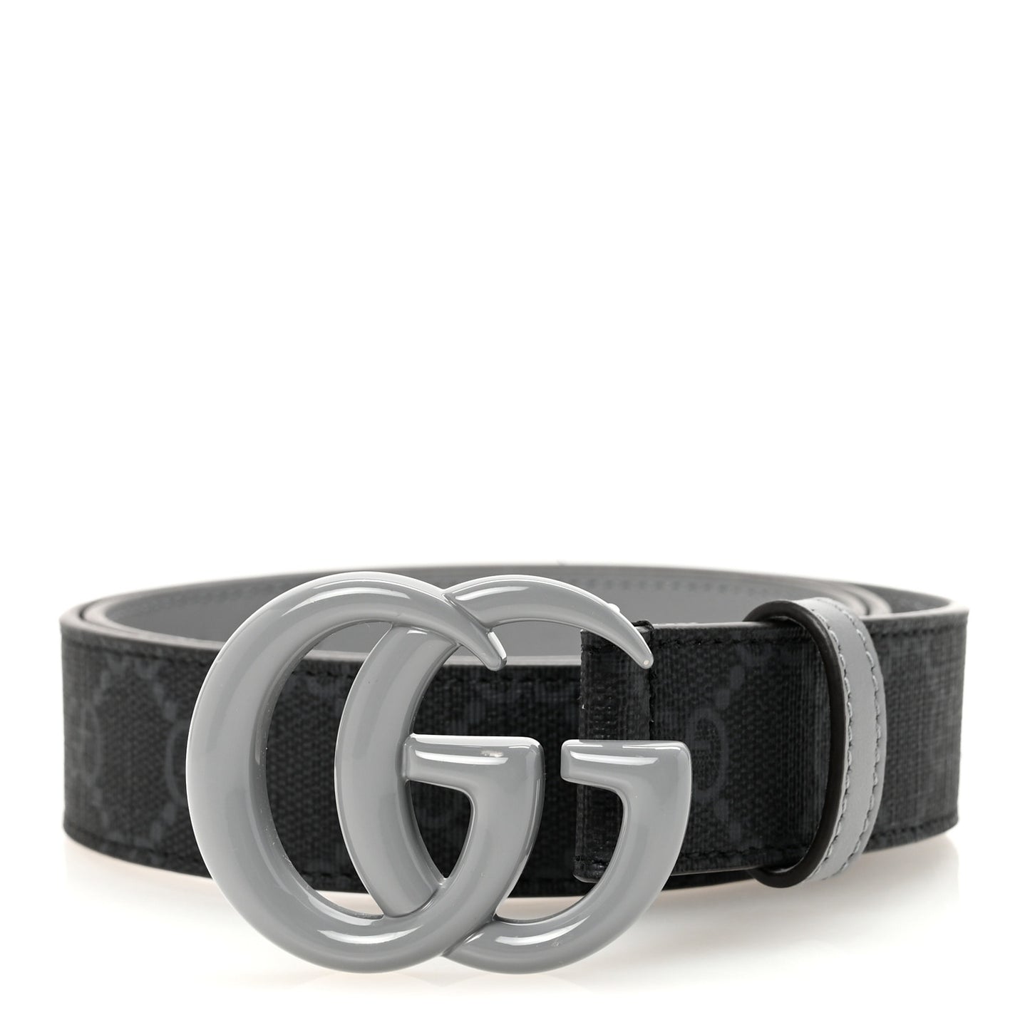 GG Supreme Monogram Plutone Calfskin Enamel Monochrome Double G 30mm Belt 80 32 Deep Grey