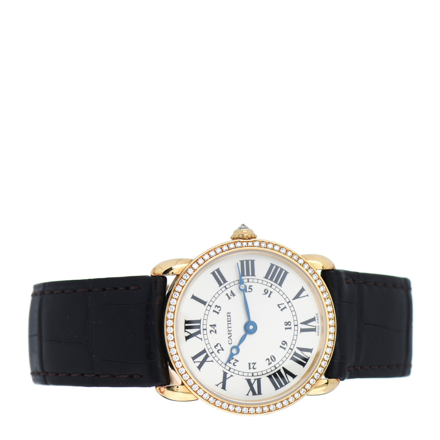 Cartier 18K Yellow Gold Alligator Diamond Bezel 29mm Ronde Solo Quartz Watch Brown 2 of 4