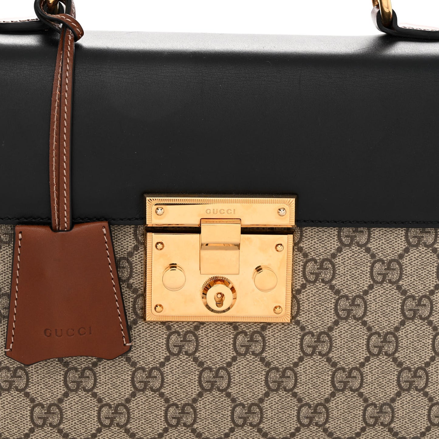 GG Supreme Monogram Calfskin Small Padlock Top Handle Bag Beige Black Cuir