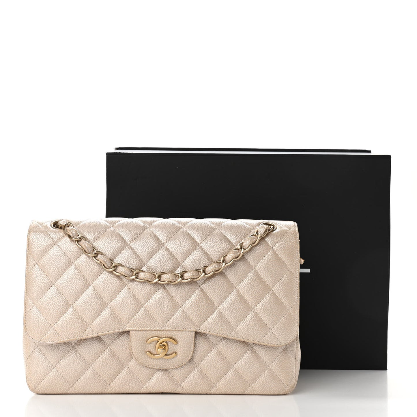 Pearly Caviar Quilted Jumbo Double Flap Light Beige