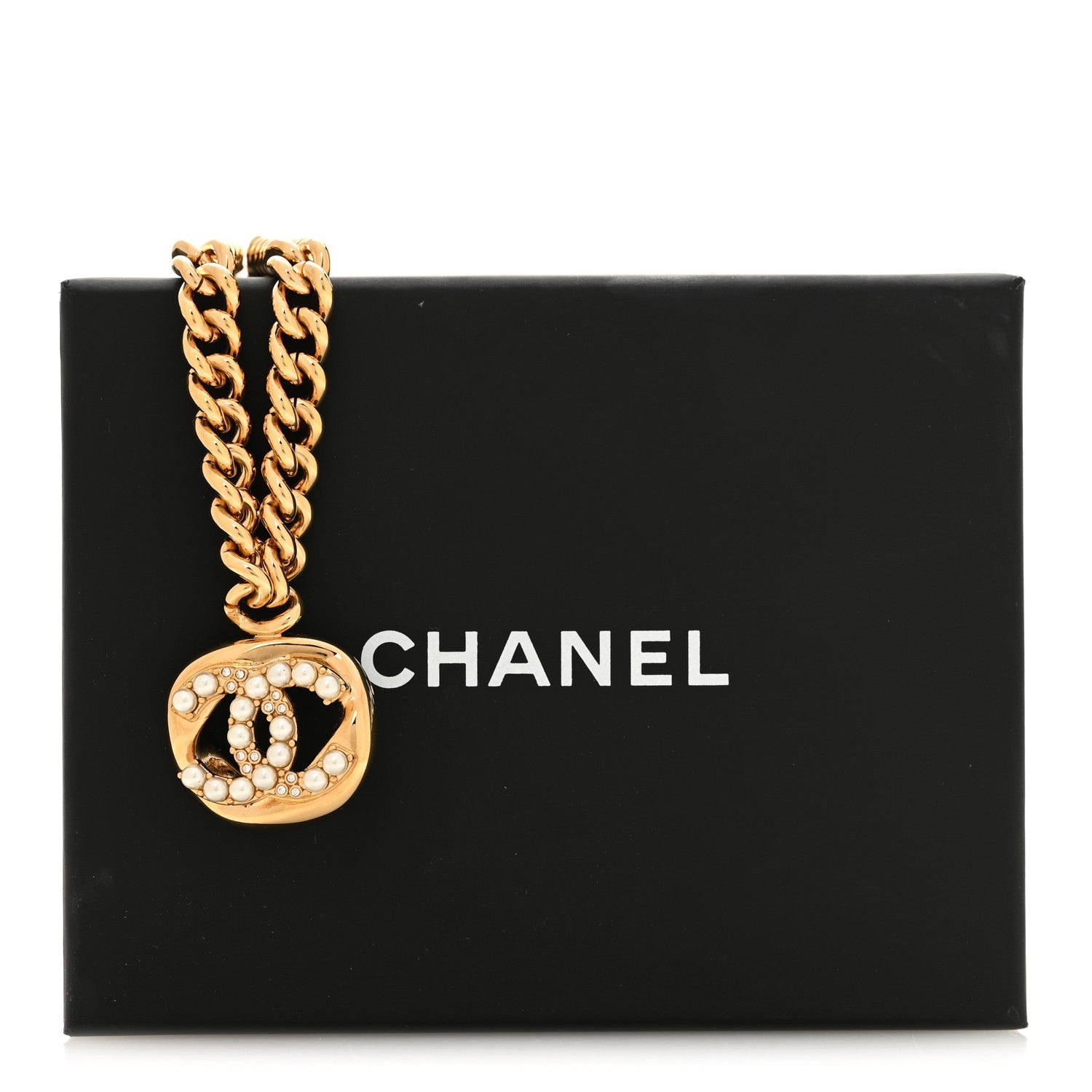 Chanel Metal Crystal Pearl Chain Link CC Necklace Gold 1880740