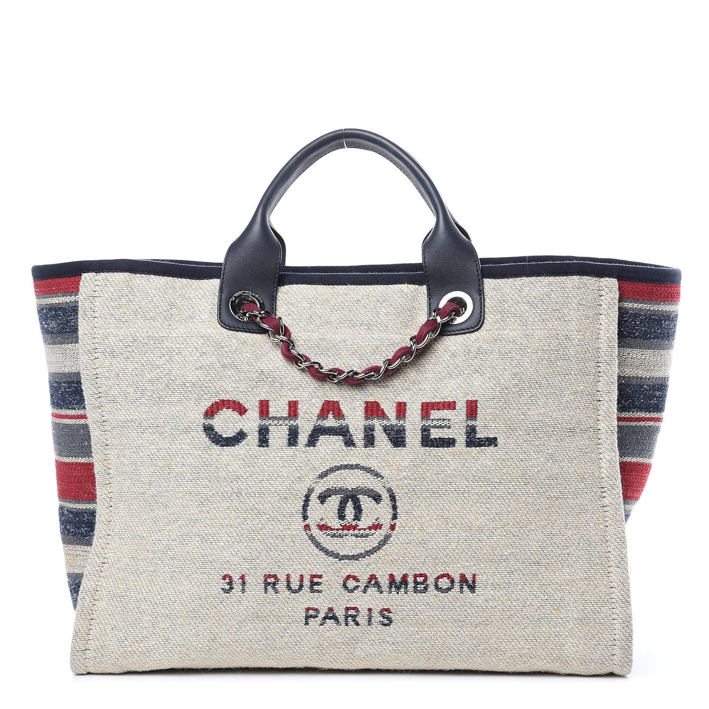 Striped Canvas Medium Deauville Tote Beige