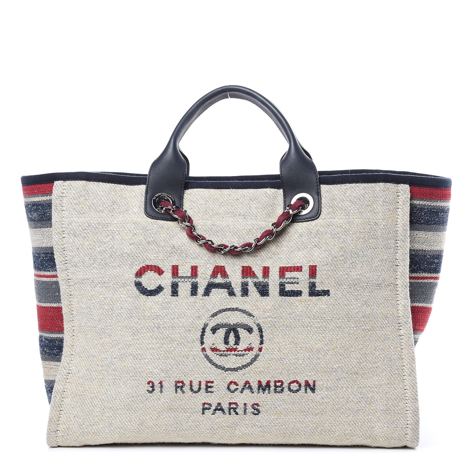 Chanel Striped Canvas Medium Deauville Tote Beige 1 of 14