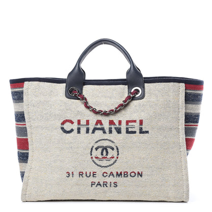 Chanel Striped Canvas Medium Deauville Tote Beige 1 of 14