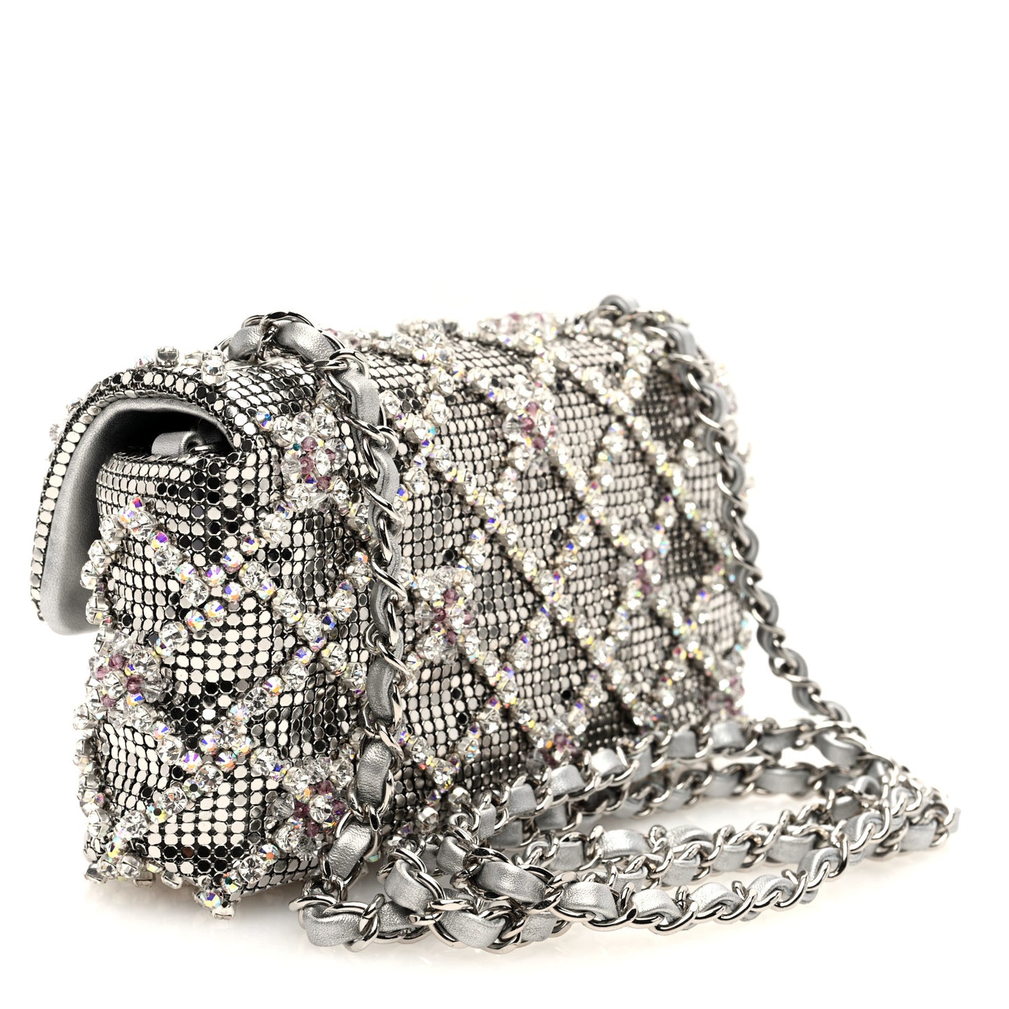 Chain Mail Crystal Quilted Mini Flap Argent