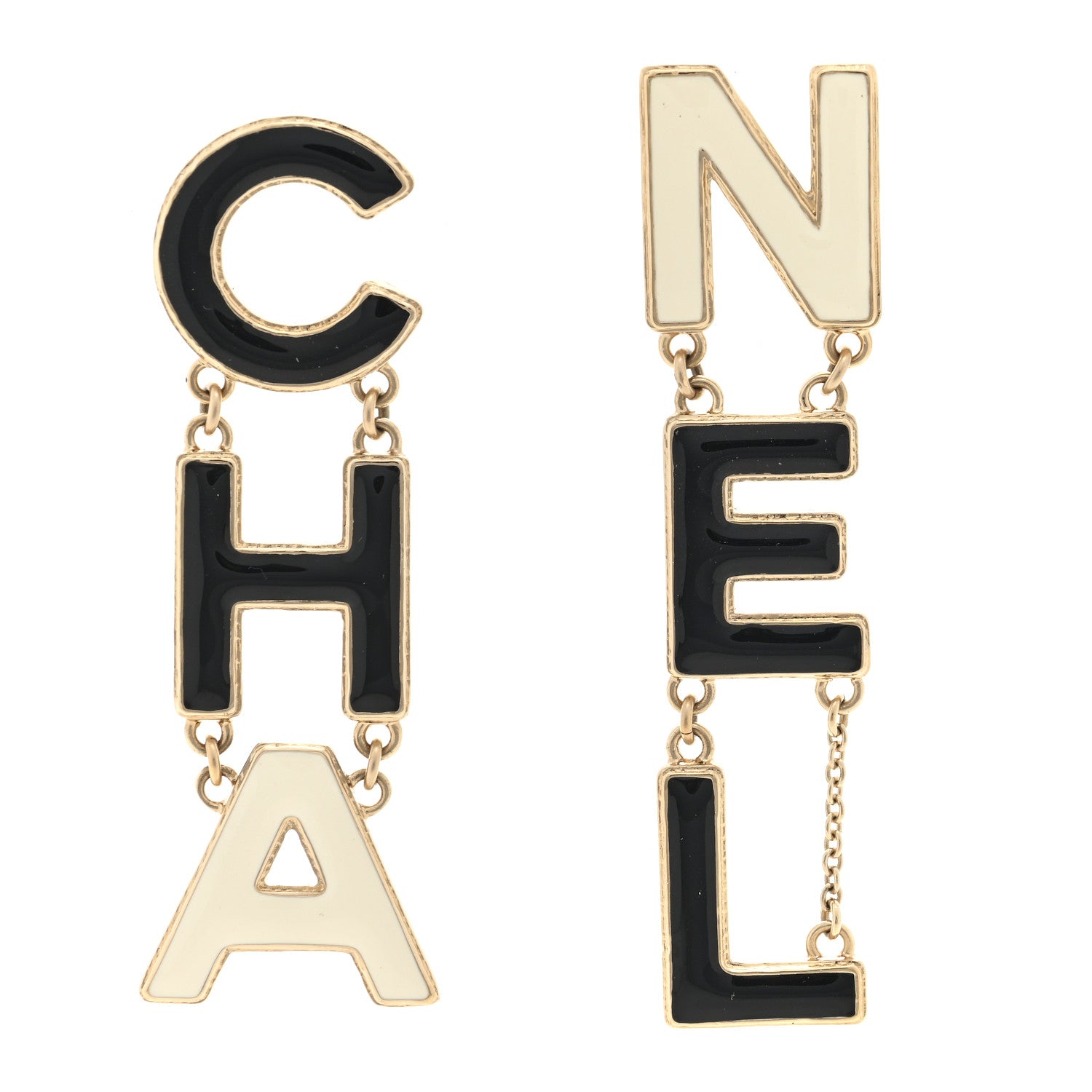Chanel Metal Enamel Cha-Nel Logo Drop Earrings Black White 1 of 4