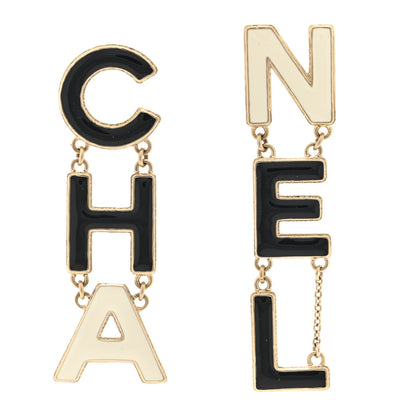 Chanel Metal Enamel Cha-Nel Logo Drop Earrings Black White 1 of 4