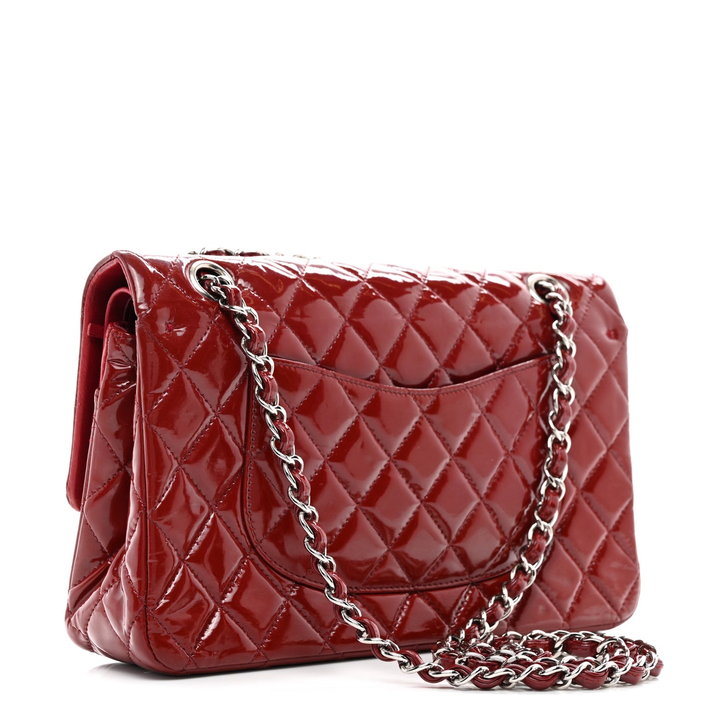 Patent Calfskin Quilted Medium Double Flap Dark Red